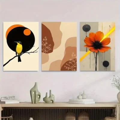 3pcs Modern Abstract Bird Orange & Yellow Wall Art Set Canvas Framed 40x60cm - High Quality Print 100% Australian Made Wall Canvas Ready to Hang