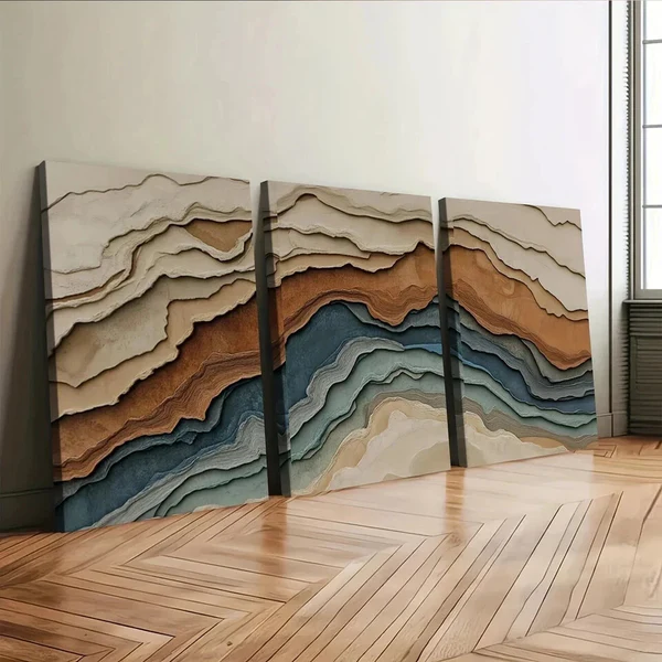 3pcs Abstract Earth Tones Blue Wave Brown Gray Wall Art Set Canvas Framed 50x70cm – High Quality Print 100% Australian Made Wall Canvas Ready to Hang