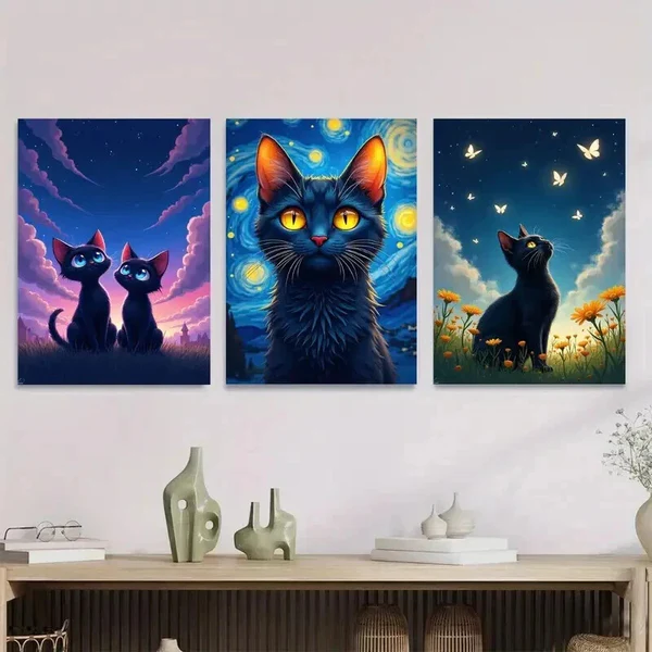 3pcs Night Cat Triptych Yellow Eyes, Vibrant Wall Art Set Canvas Framed 40x60cm – High Quality Print 100% Australian Made Wall Canvas Ready to Hang