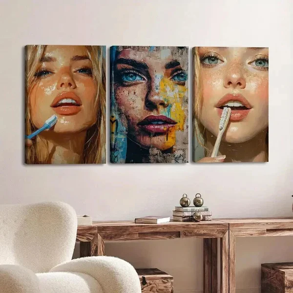 3pcs Abstract Face Makeup Vibrant Blue & Golden Wall Art Set Canvas Framed 50x70cm – High Quality Print 100% Australian Made Wall Canvas Ready to Hang