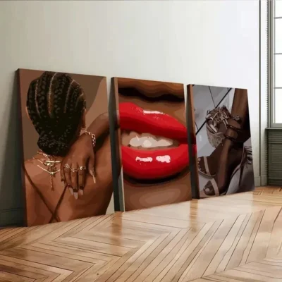 3pcs Black Female Art Boho Fashion Figures Red Wall Art Set Canvas Framed 50x70cm - High Quality Print 100% Australian Made Wall Canvas Ready to Hang