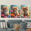 3pcs Charming Cat Trio Vibrant Floral Background Wall Art Set Canvas Framed 40x60cm - High Quality Print 100% Australian Made Wall Canvas Ready to Hang - Image 2