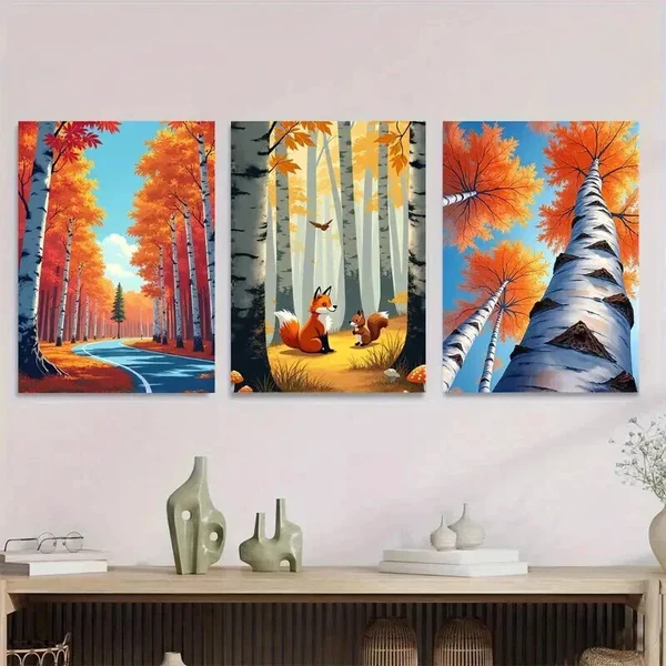 3pcs Autumn Forest Scene Fox and Squirrels Tree Wall Art Set Canvas Framed 50x70cm – High Quality Print 100% Australian Made Wall Canvas Ready to Hang