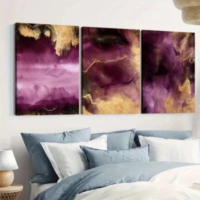 3pcs Golden Abstract Purple Elegant Modern Art Wall Art Set Canvas Framed 50x70cm - High Quality Print 100% Australian Made Wall Canvas Ready to Hang