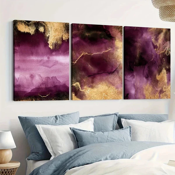 3pcs Golden Abstract Purple Elegant Modern Art Wall Art Set Canvas Framed 50x70cm – High Quality Print 100% Australian Made Wall Canvas Ready to Hang