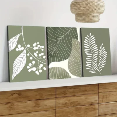 3pcs Bohemian Style Sage Green Plant Leaves Wall Art Set Canvas Framed 50x70cm - High Quality Print 100% Australian Made Wall Canvas Ready to Hang
