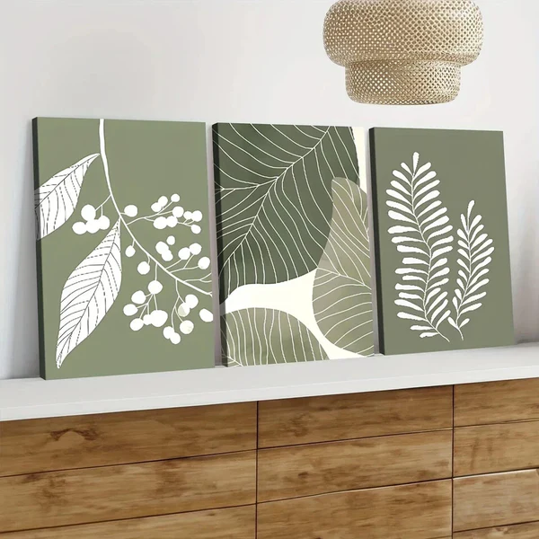 3pcs Bohemian Style Sage Green Plant Leaves Wall Art Set Canvas Framed 50x70cm – High Quality Print 100% Australian Made Wall Canvas Ready to Hang