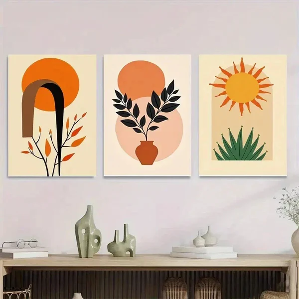 3pcs Boho Style Modern Abstract Sun Wall Art Set Canvas Framed 50x70cm – High Quality Print 100% Australian Made Wall Canvas Ready to Hang
