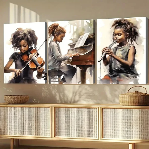 3pcs Black African American Girl Musical Instruments Wall Art Set Canvas Framed 40x60cm – High Quality Print 100% Australian Made Wall Canvas Ready to Hang
