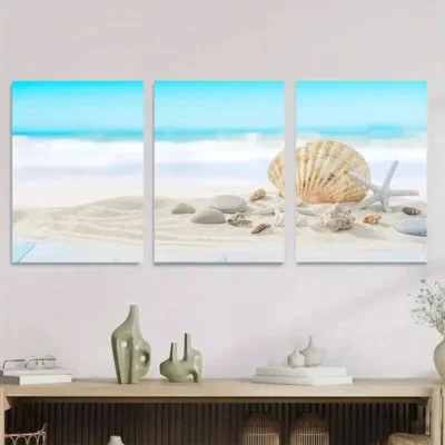 3pcs Ocean with Seashells And Sand Beach Scene Wall Art Set Canvas Framed 40x60cm - High Quality Print 100% Australian Made Wall Canvas Ready to Hang