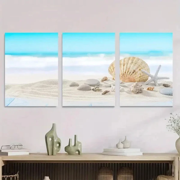 3pcs Ocean with Seashells And Sand Beach Scene Wall Art Set Canvas Framed 40x60cm – High Quality Print 100% Australian Made Wall Canvas Ready to Hang