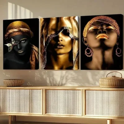 3pcs Black African American Woman Black Golden Wall Art Set Canvas Framed 50x70cm - High Quality Print 100% Australian Made Wall Canvas Ready to Hang