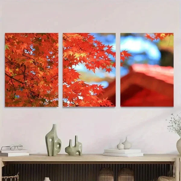 3pcs Autumn Red Maple Leaves Triptych Wall Art Set Canvas Framed 40x60cm – High Quality Print 100% Australian Made Wall Canvas Ready to Hang
