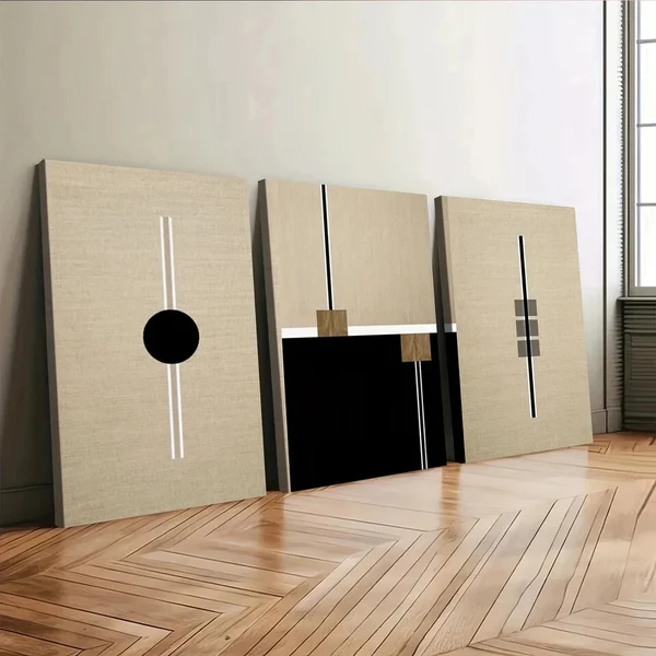 3pcs Black Round Box Lines White Lines Wall Art Set Canvas Framed 50x70cm – High Quality Print 100% Australian Made Wall Canvas Ready to Hang