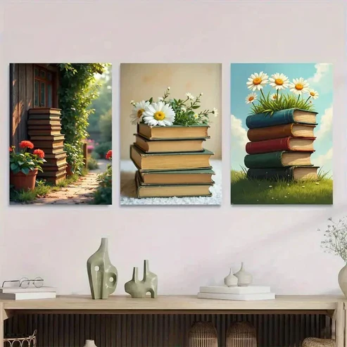 3pcs Charming Garden Path And Books Picture Wall Art Set Canvas Framed 50x70cm – High Quality Print 100% Australian Made Wall Canvas Ready to Hang
