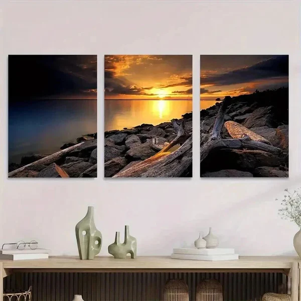 3pcs Sunset Beach Serene Ocean & Rocky Shoreline Wall Art Set Canvas Framed 40x60cm – High Quality Print 100% Australian Made Wall Canvas Ready to Hang