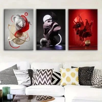 3pcs Modern Abstract Art Red & Gold Black White Wall Art Set Canvas Framed 50x70cm - High Quality Print 100% Australian Made Wall Canvas Ready to Hang