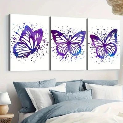 3pcs Purple Butterfly Elegant White Blue Dots Wall Art Set Canvas Framed 50x70cm - High Quality Print 100% Australian Made Wall Canvas Ready to Hang