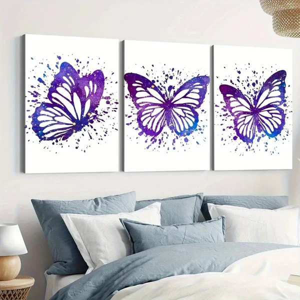 3pcs Purple Butterfly Elegant White Blue Dots Wall Art Set Canvas Framed 50x70cm – High Quality Print 100% Australian Made Wall Canvas Ready to Hang