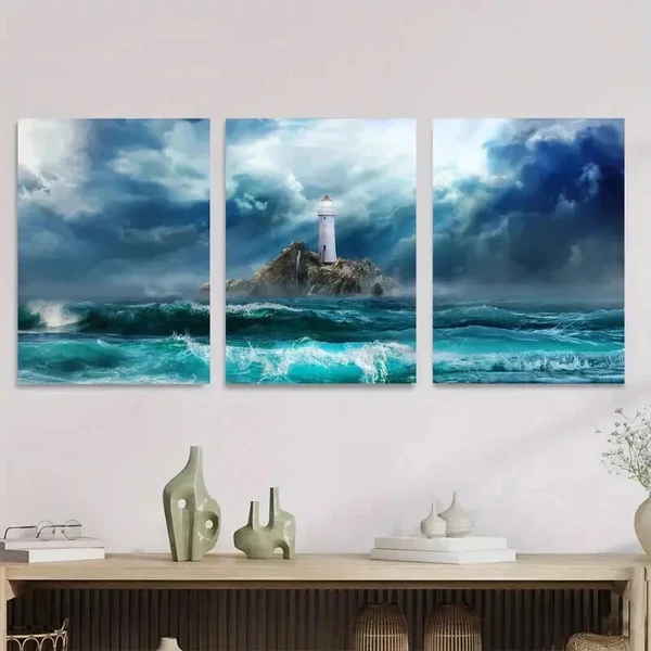 3pcs Ocean Storm Lighthouse Painting Wall Art Set Canvas Framed 40x60cm – High Quality Print 100% Australian Made Wall Canvas Ready to Hang