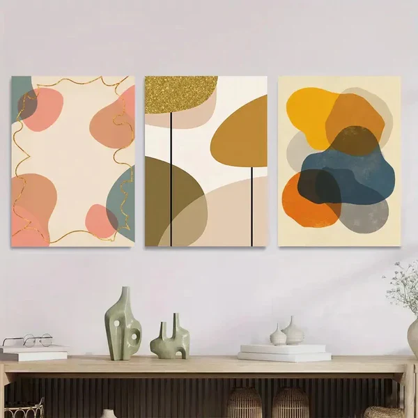 3pcs Modern Abstract Vibrant Geometric Golden Wall Art Set Canvas Framed 50x70cm – High Quality Print 100% Australian Made Wall Canvas Ready to Hang