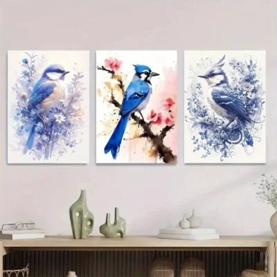 3pcs Bluebird Paintings Watercolor Bird Wall Art Set Canvas Framed 40x60cm - High Quality Print 100% Australian Made Wall Canvas Ready to Hang
