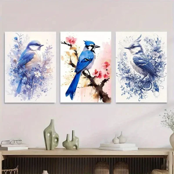 3pcs Bluebird Paintings Watercolor Bird Wall Art Set Canvas Framed 40x60cm – High Quality Print 100% Australian Made Wall Canvas Ready to Hang