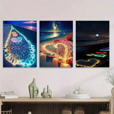 3pcs Vibrant Night Sky and Heart Stunning Wall Art Set Canvas Framed 40x60cm - High Quality Print 100% Australian Made Wall Canvas Ready to Hang