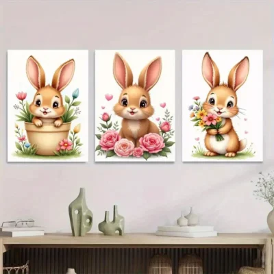 3pcs Charming Bunny Cute Rabbit Paintings flower Wall Art Set Canvas Framed 50x70cm - High Quality Print 100% Australian Made Wall Canvas Ready to Hang