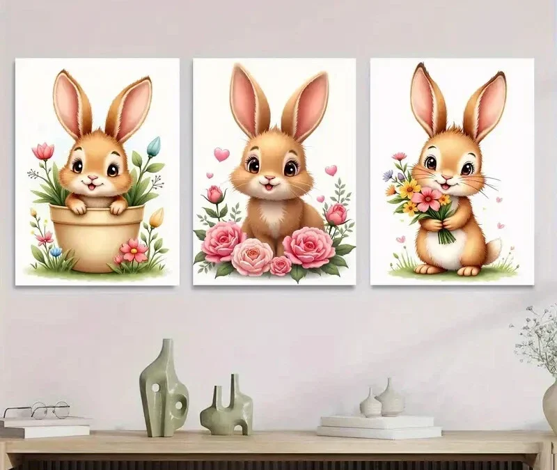 3pcs Charming Bunny Cute Rabbit Paintings flower Wall Art Set Canvas Framed 50x70cm – High Quality Print 100% Australian Made Wall Canvas Ready to Hang