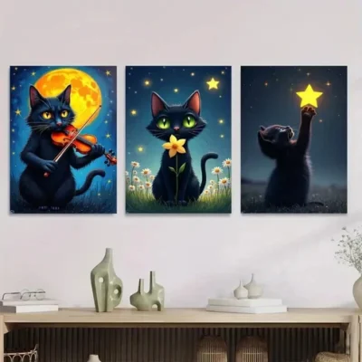 3pcs Charming Black Cat Triptych Moonlit Night Wall Art Set Canvas Framed 50x70cm - High Quality Print 100% Australian Made Wall Canvas Ready to Hang