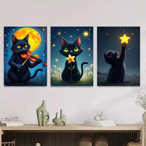 3pcs Charming Black Cat Triptych Moonlit Night Wall Art Set Canvas Framed 50x70cm – High Quality Print 100% Australian Made Wall Canvas Ready to Hang