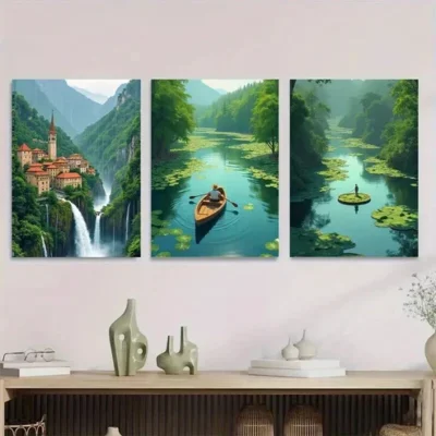 3pcs Scenic Waterfall Village Vibrant Nature Wall Art Set Canvas Framed 50x70cm - High Quality Print 100% Australian Made Wall Canvas Ready to Hang