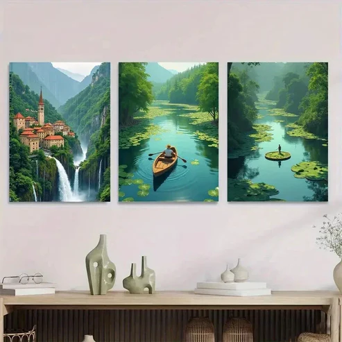 3pcs Scenic Waterfall Village Vibrant Nature Wall Art Set Canvas Framed 50x70cm – High Quality Print 100% Australian Made Wall Canvas Ready to Hang