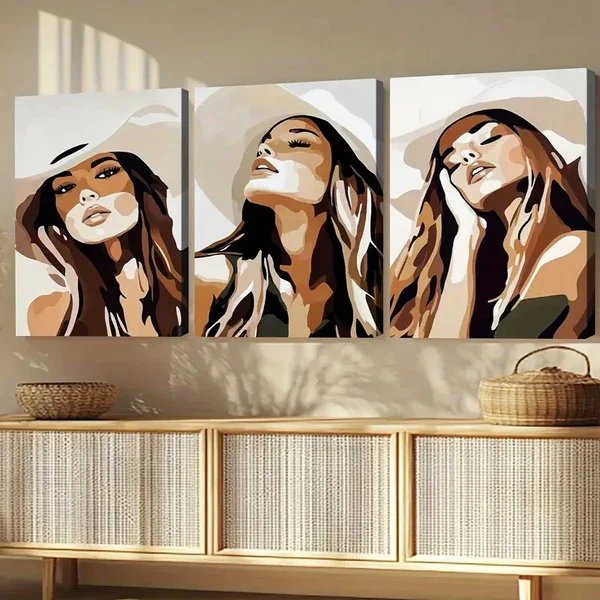 3pcs Cowgirl Classic Modern Style Figures Gray White Wall Art Set Canvas Framed 40x60cm – High Quality Print 100% Australian Made Wall Canvas Ready to Hang