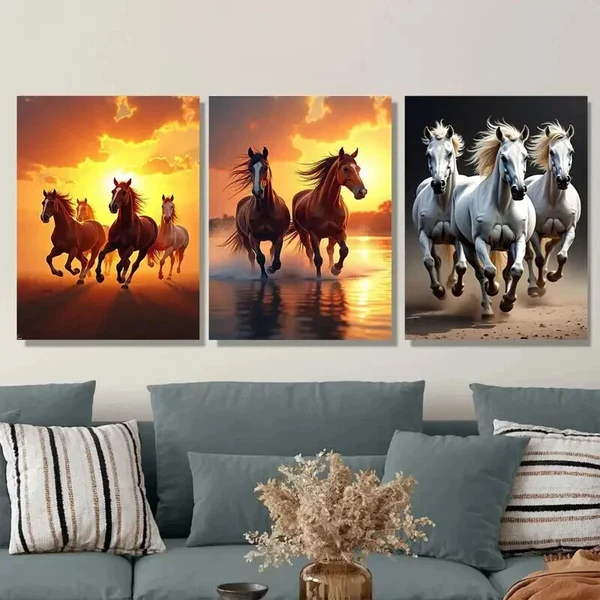 3pcs Galloping Horses Sunset and Beach Scene Wall Art Set Canvas Framed 40x60cm – High Quality Print 100% Australian Made Wall Canvas Ready to Hang