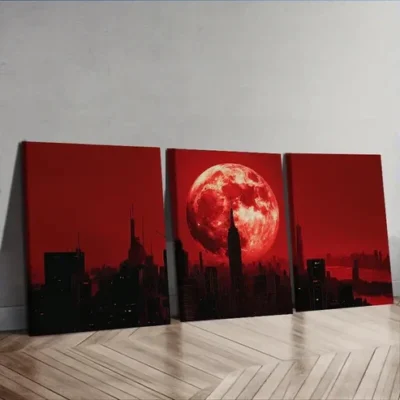 3pcs Big Red Moon Cityscape Wall Art Set Canvas Framed 50x70cm - High Quality Print 100% Australian Made Wall Canvas Ready to Hang