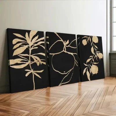 3pcs Abstract Golden Botanical Typography Black Wall Art Set Canvas Framed 50x70cm - High Quality Print 100% Australian Made Wall Canvas Ready to Hang