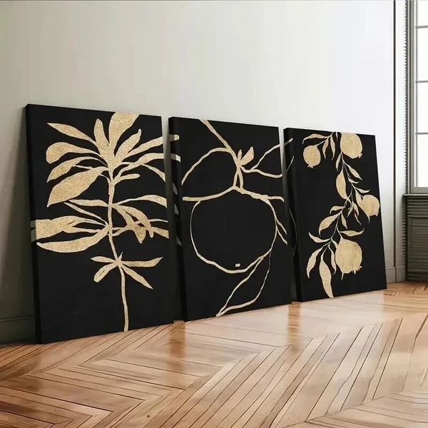3pcs Abstract Golden Botanical Typography Black Wall Art Set Canvas Framed 50x70cm – High Quality Print 100% Australian Made Wall Canvas Ready to Hang
