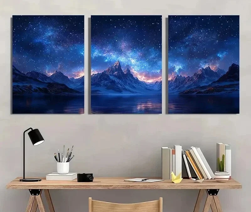 3pcs Snow Mountain Starry Sky Decor Wall Art Set Canvas Framed 40x60cm – High Quality Print 100% Australian Made Wall Canvas Ready to Hang