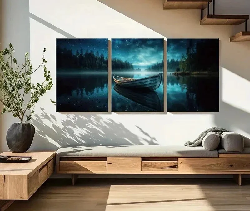 3pcs Tranquil Lake Starry Night Wooden Boat Wall Art Set Canvas Framed 40x60cm – High Quality Print 100% Australian Made Wall Canvas Ready to Hang