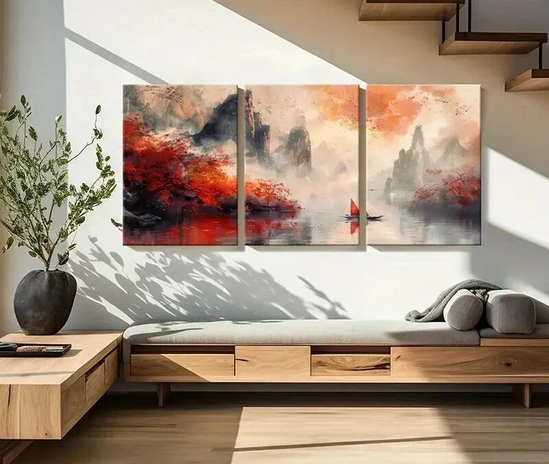 3pcs Retro Traditional Chinese Landscape Wall Art Set Canvas Framed 40x60cm – High Quality Print 100% Australian Made Wall Canvas Ready to Hang