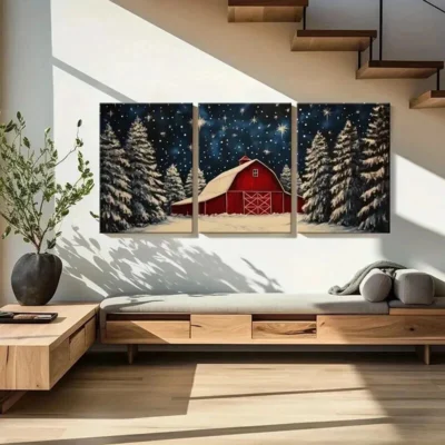 3pcs Winter Barn & Snowy Trees Starry Night Sky Wall Art Set Canvas Framed 40x60cm - High Quality Print 100% Australian Made Wall Canvas Ready to Hang