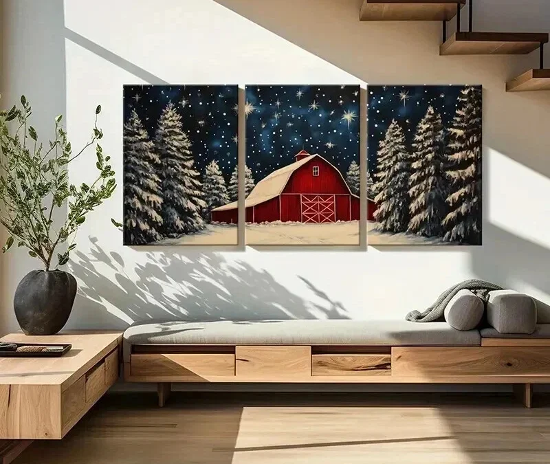 3pcs Winter Barn & Snowy Trees Starry Night Sky Wall Art Set Canvas Framed 40x60cm – High Quality Print 100% Australian Made Wall Canvas Ready to Hang