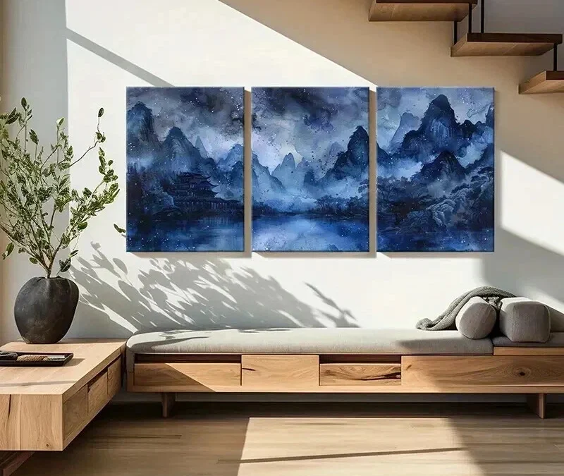 3pcs Bluish Chinese Traditional Landscape Wall Art Set Canvas Framed 40x60cm – High Quality Print 100% Australian Made Wall Canvas Ready to Hang