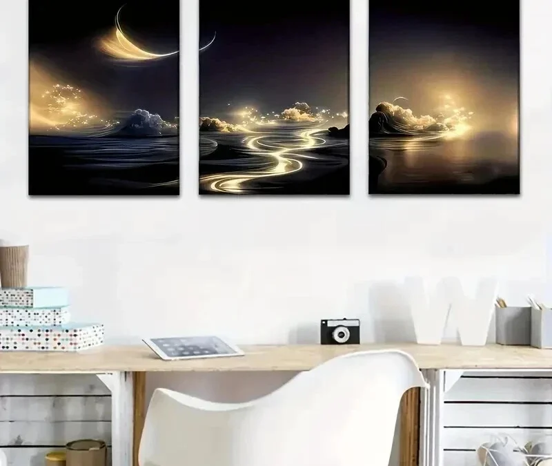 3pcs Featuring Golden Rivers And Starry Skies Wall Art Set Canvas Framed 40x60cm – High Quality Print 100% Australian Made Wall Canvas Ready to Hang