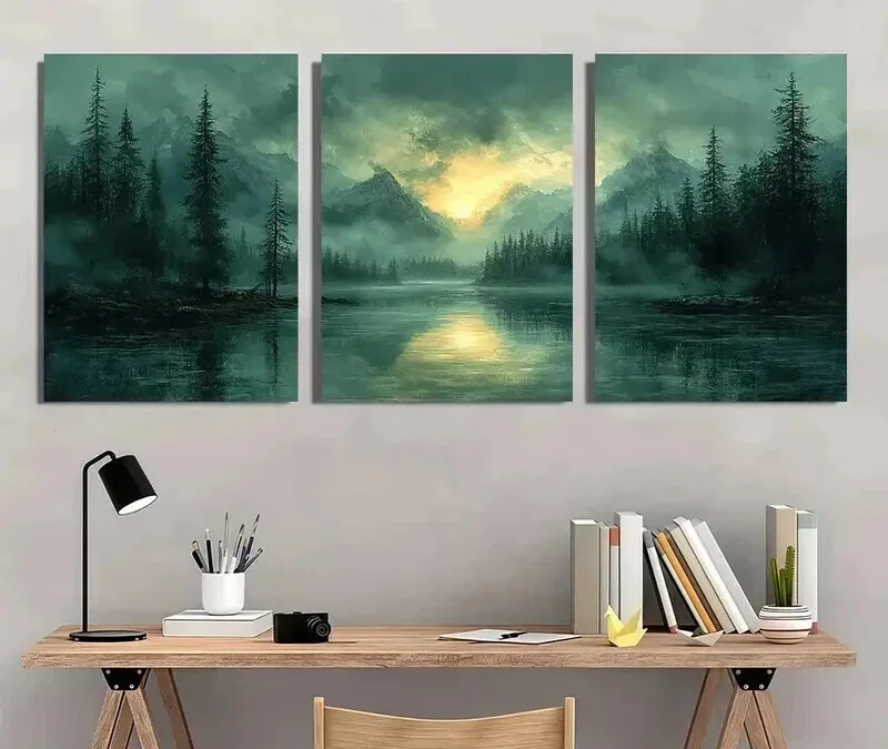 3pcs Trees Mountains & Lake Vintage Nature Wall Art Set Canvas Framed 40x60cm – High Quality Print 100% Australian Made Wall Canvas Ready to Hang