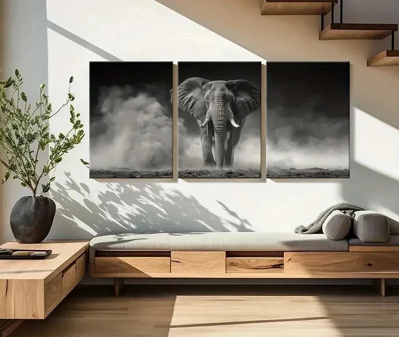 3pcs Majestic Elephant Stormy Sky Dramatic Wall Art Set Canvas Framed 40x60cm – High Quality Print 100% Australian Made Wall Canvas Ready to Hang