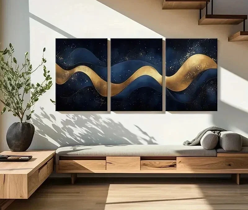 3pcs Golden Waves Dark Sky Sparkling Stars Wall Art Set Canvas Framed 40x60cm – High Quality Print 100% Australian Made Wall Canvas Ready to Hang