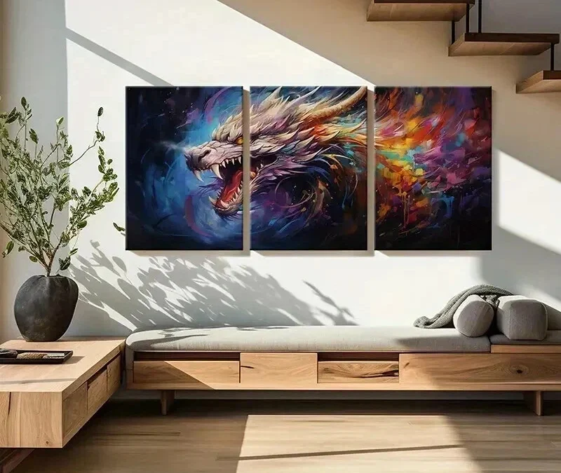 3pcs Abstract Dragon with Fiery Breath Wall Art Set Canvas Framed 40x60cm – High Quality Print 100% Australian Made Wall Canvas Ready to Hang